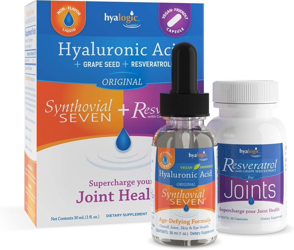 Hyalogic Synthovial Seven Hyaluronsäure Liquid & Resveratrol Kapseln - HA Joint Support - Vegan - 1 Unze