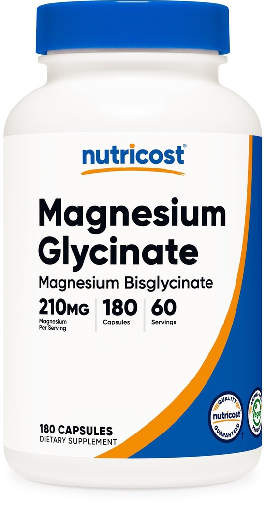 Nutricost Glycinate de magnésium Capsules (180 Capsules, 210 mg par portion) - Supplément de glycinate de magnésium pour absorption douce