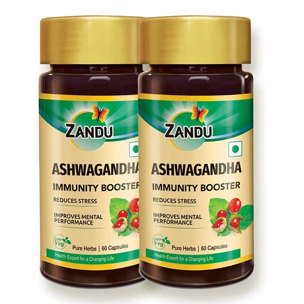 Zandu Ashwagandha Capsules (120 capsules veg), Formulé avec des extraits purs d'Ashwagandha, Immunity Booster, Pour la force corporelle naturelle, le stress Buster (paquet de 60 x 2)
