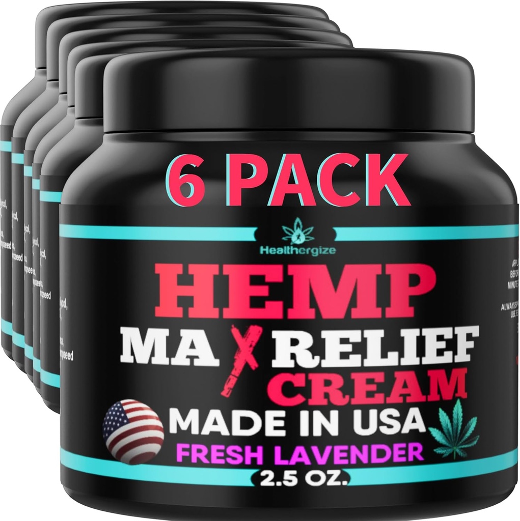 6PACK Healthergize Crème de chanvre-Natural Premium Quality-Full Body Relief Instantal Results-Huile de chanvre Infusée-Lavande, Aloe, Turmeric, Aches, Muscles, Joints, Muscles, Dos, Knees, Cou...