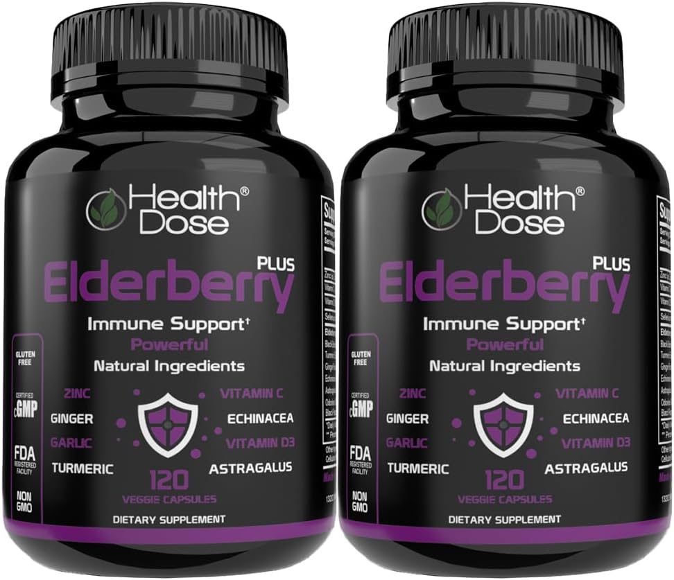 Health Dose Elderberry Plus Kapseln – Immununterstützungsergänzung mit Vitaminen C, D3, Zink, Selenium & 11 Zutaten für Jahr-Round Wellness – 120 Veggie Kapseln, 2-Monats-Versorgungspackung von 2