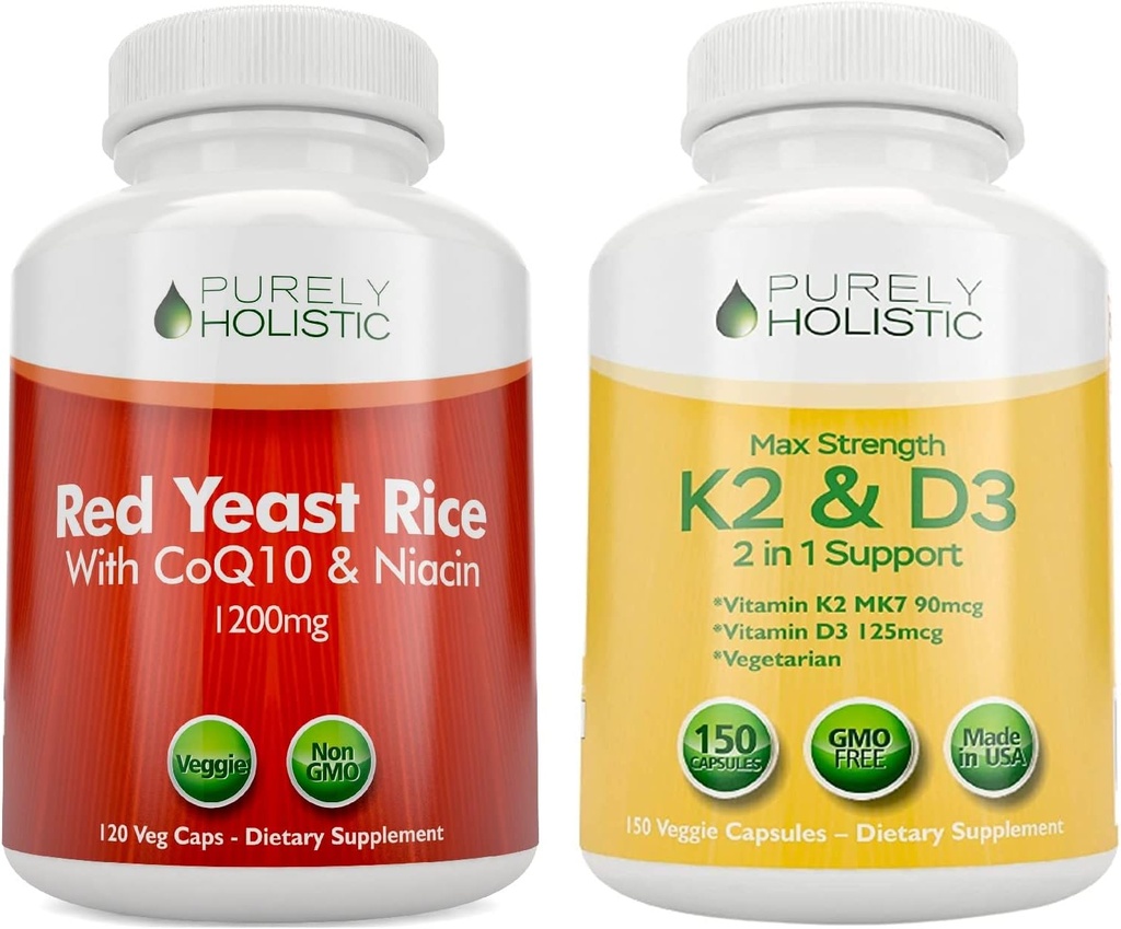 Rein ganzheitliche Rote Hefe Reis 1200mg mit CoQ10 & Niacin + Vitamin D3 5000 IU (125mcg) & K2 MK7 90mcg Bundle - 270 Vegetarische Kapseln - Made in USA