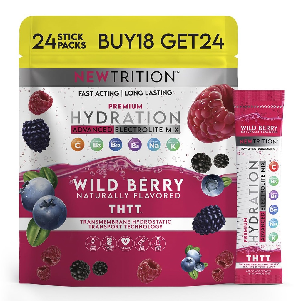 Hydration Pulver, Wild Berry Pack von 24 Elektrolyt-Pulver-Packets, Natürlich geflammte Hydrating-Packets für Wasser, schnell wirkende Hydrate-Elektrolyten mit Vitaminen B & C, Energie & Erholung