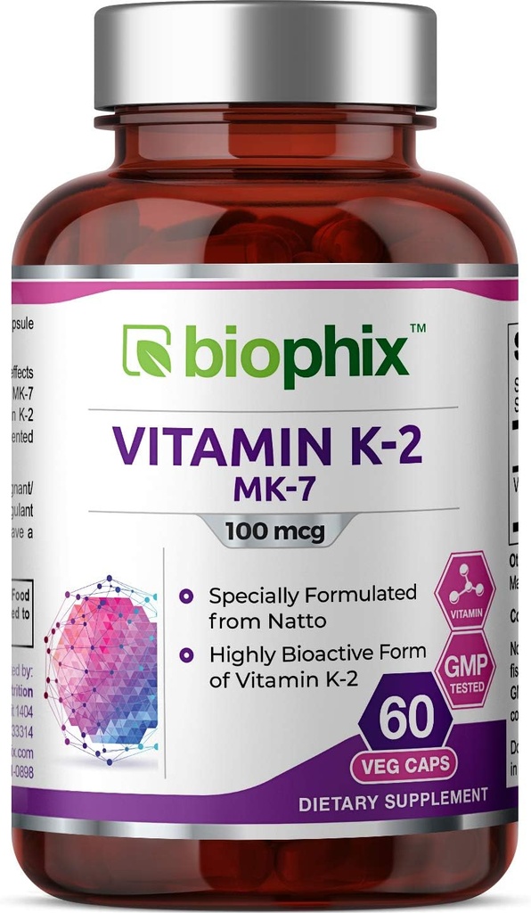 Biophix Vitamin K2 MK-7-100 mcg 60 Veg Kapseln - Unterstützt starke Knochen Immungesundheit