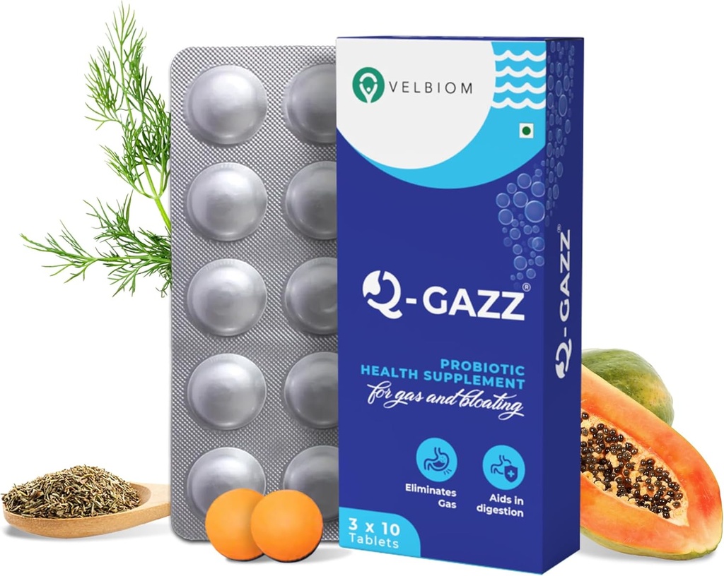 Q-Gazz aide dans le gaz, le gonflement et l'indigestion cliniquement prouvé mélange unique de probiotiques, huiles carminatives et enzymes digestives pour les hommes et les femmes formulé par les médecins - 30 comprimés