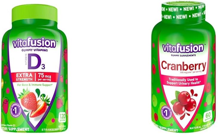 Vitafusion Extra Strength Vitamin D3 Gummy Strawberry Flavored Bone & Immune Support (120 Count) + Cranberry Gummies for Women Urinary Health Support (60 Count)