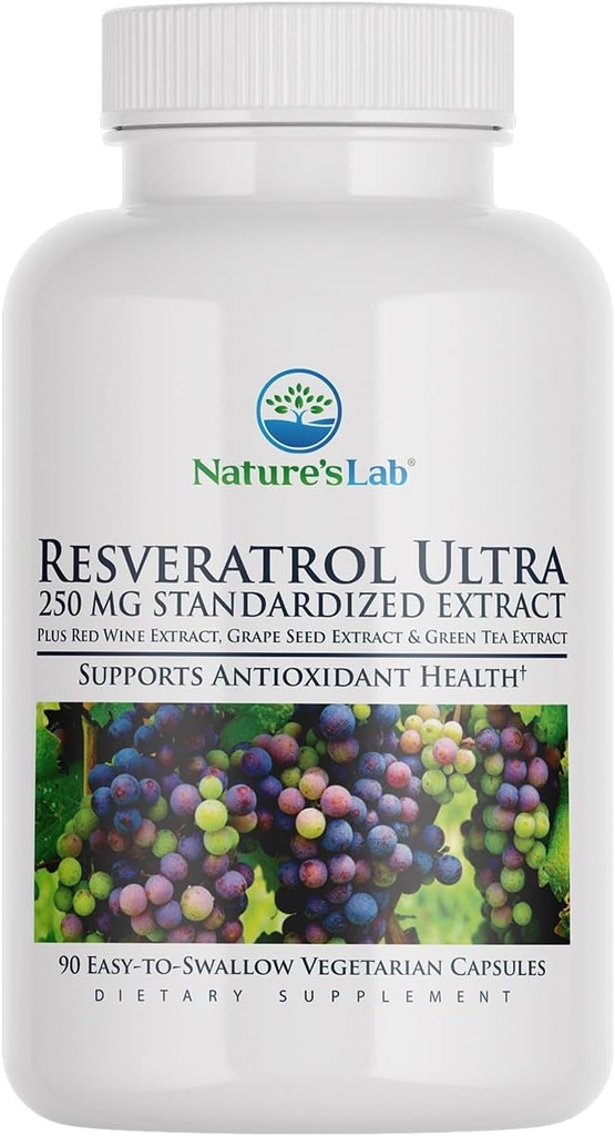 Nature's Lab Resveratrol Ultra - Antioxidans Supplement* - 250mg Trans-Resveratrol, Rotweinextrakt, Grüner Teeextrakt- Non-GMO, Glutenfrei, Vegan – 90 Zähler (3 Monate Versorgung)