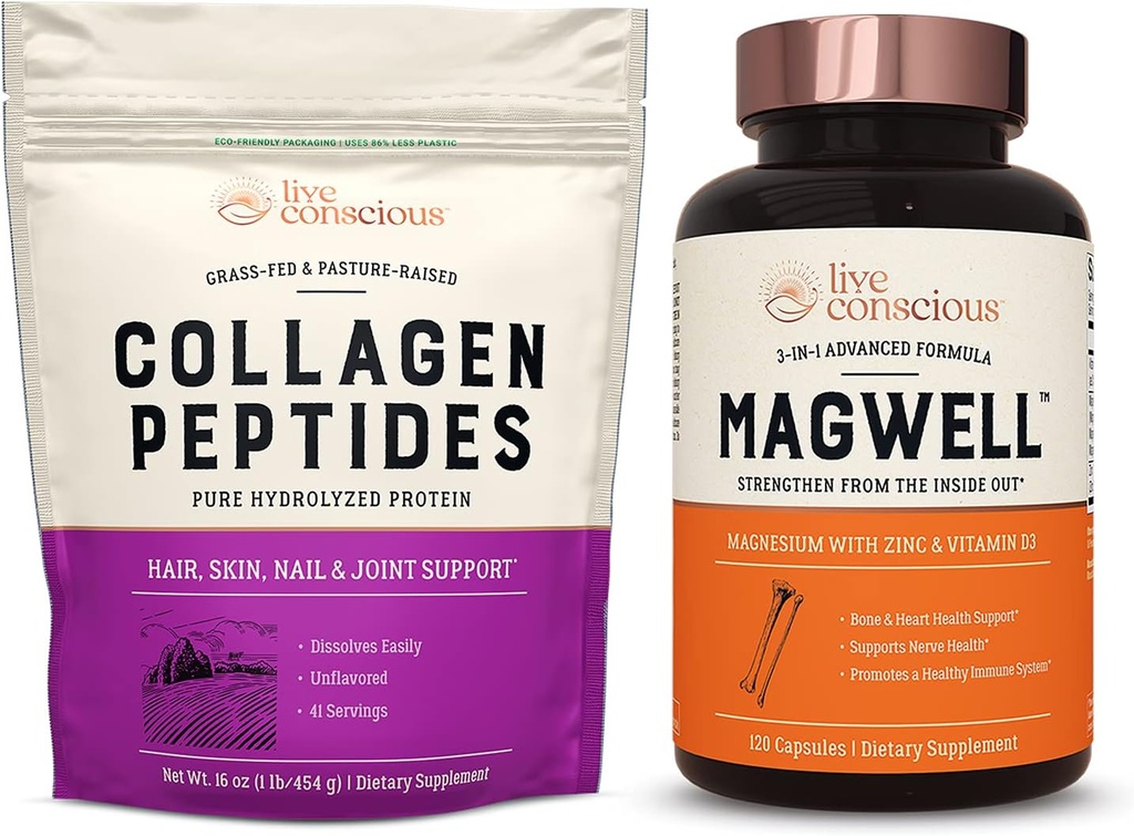 Live Conscious Collagen Peptide & MagWell Magnesium Zink & Vitamin D3 | Haar, Haut, Nagel und Gelenk Unterstützung + Knochen & Herz Gesundheit, Immunsystem Unterstützung