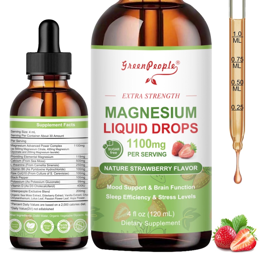 GREENPEOPLE Magnesium Glycinat Flüssigkeitstropfen - 17-in-1 4Fl. Oz Triple Magnesium Complex Supplement mit Glycinat 400mg & Citrate 500mg Taurate/L-Theanin für ruhige Stimmung/Muskel/Schlaf, Strawberry Flavor
