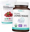 Poudre de canneberge et crinière de lions (approvisionnement d'un mois) Mélange de canneberge de poudre de concentré de canneberge biologique 50:1 Extrait (100 scoops) et museau de crinière biologique 10:1 Extrait (60 capsules)