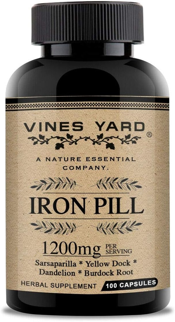 Eisen Ergänzungen | Natürliche Kräuter Eisen Pillen | Organic Sarsaparilla, Dandelion, Burdock Root & Yellowdock Kapseln 1200mg | 100 Pack