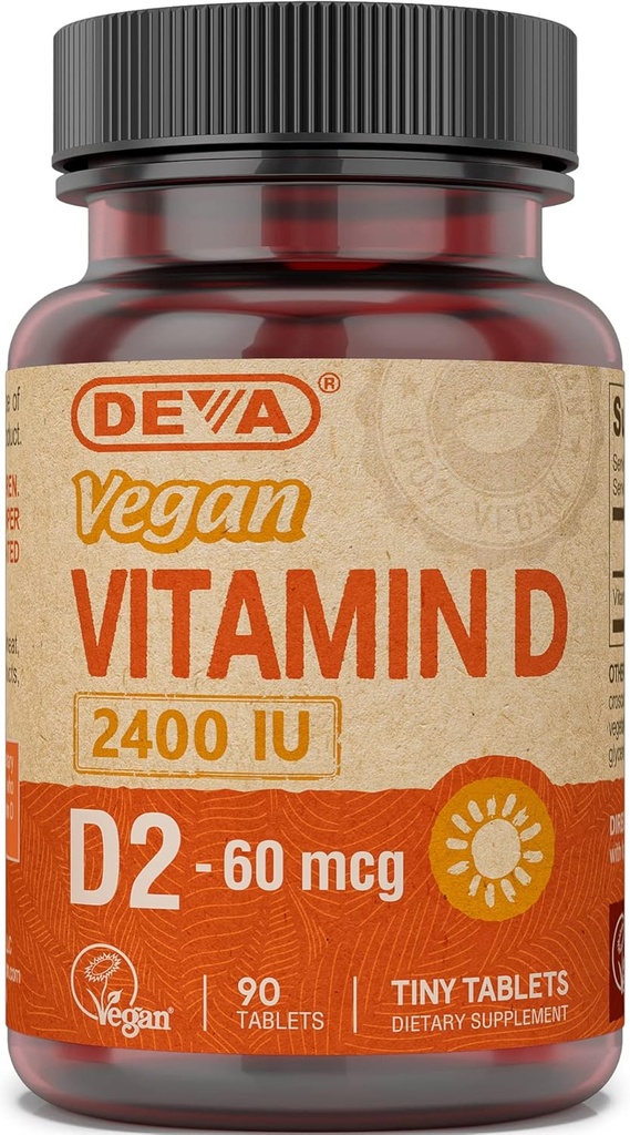 Deva Vegan Vitamin D2 60 mcg 2400 IU, Ergocalciferol Beilage ohne Tier Zutaten, 90 Tabletten, 1-Pack