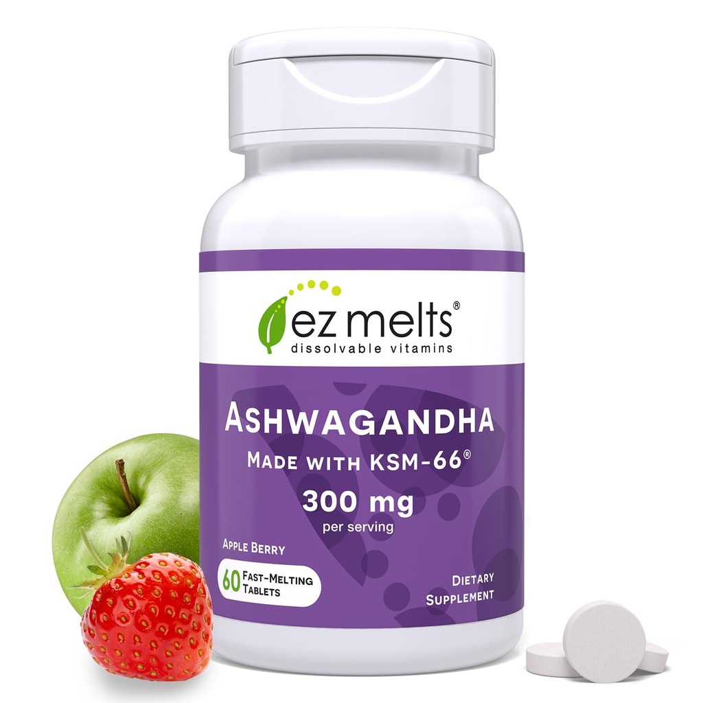 EZ Melts Dissolvable KSM-66 Ashwagandha, 300 mg, Sugar-Free, Stress, Schlaf- und Stimmungsunterstützungsergänzung, 30-Day Supply, Apple Berry-Flavor - 1 Pack