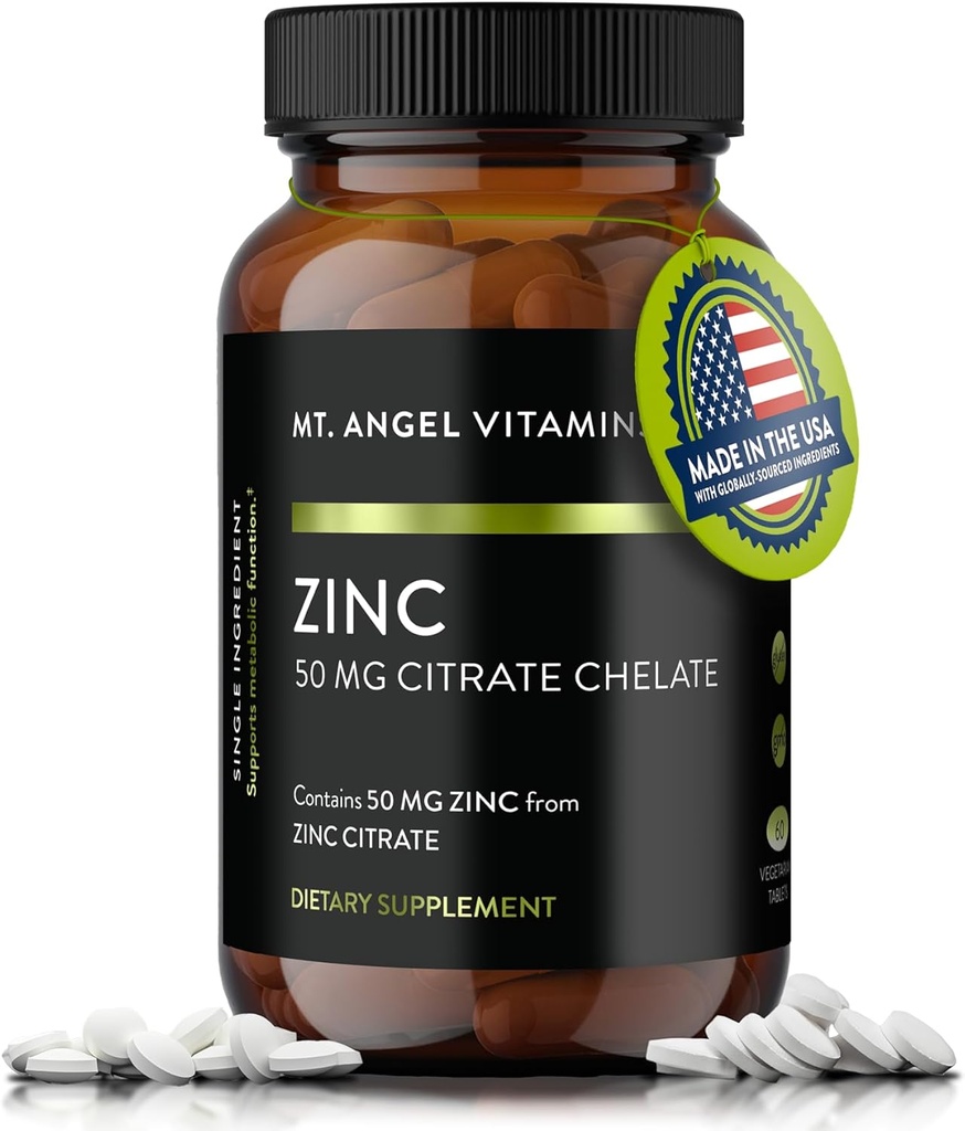 Mt. Angel Vitamine - Zink Citrat 50mg - Zink 50 mg Citrate Chelate - Natürliche Zink-Ergänzungen Made in USA - 60 vegetarische Tabletten