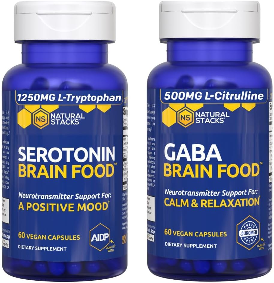 NATURAL STACKS Serotonin & GABA Brain Food Bundle - Supports a Positive Mood & Calmness* - 120 Total Capsules