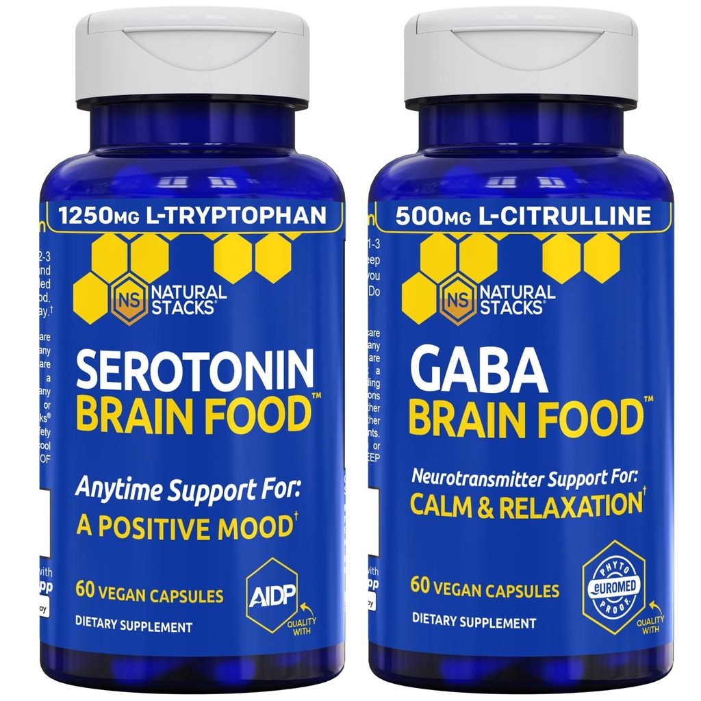 STACKS NATURELS Sérotonine et GABA Bundle alimentaire pour le cerveau - Soutient une humeur et un calme positifs* - 120 Capsules totales