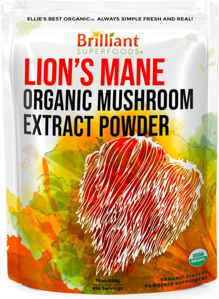 Ellie's Best Lions Mane Organic Mushroom Extract Powder Supplement - Double Extracted for 10X Potency - Pure No Fillers - 16oz - 458 1g Servings…