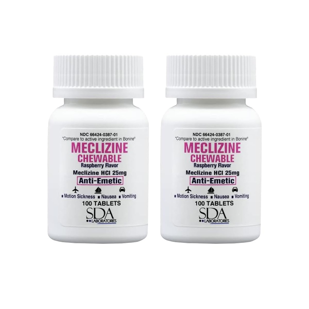LABORATOIRES DE LA SDA Meclizine 25mg Comprimés à croquer, anti-émétiques, framboises, maladie du mouvement et soulagement du vertige pour les nausées, étourdissements, vomissement, aide au voyage portable (2 bouteilles de 100 comtes)
