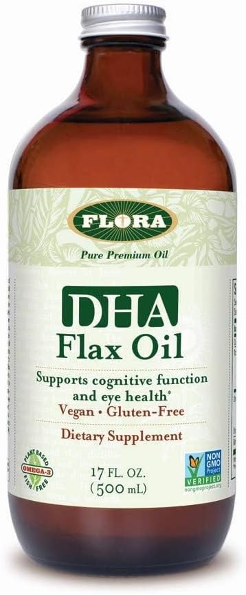 Flora DHA huile de lin - soutient la santé du cerveau - contient Oméga végétalien-3-6-9, sans gluten, sans casher et non-OGM - garder refroidi - bouteille de verre - 17 fl. oz.