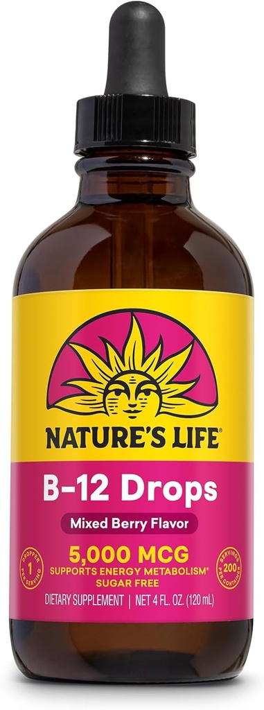 Nature's Life B12 Tropfen 5000 mcg - Vitamin B12 Methylcobalamin - Flüssige B12 Ergänzung für Energie Metabolismus, Nerve-Funktion und Rote Blutzellenunterstützung Natürliche Mischbeere, Zuckerfrei (200 Serv, 4oz)
