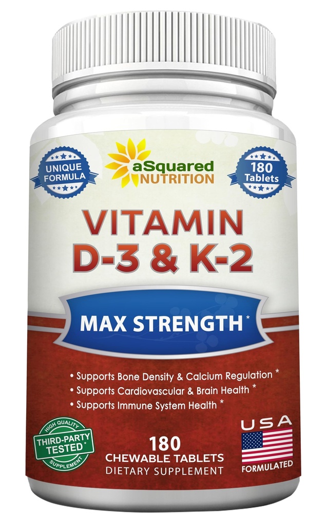 aSquared Nutrition Vitamin D3 mit K2 Supplement-180 Kautabletten, Max Strength D-3 Cholecalciferol & K-2 MK7 unterstützt gesunde Knochen, Zähne, Herz - Antioxidans D3 & K2 MK-7 Energy Formula Erwachsene