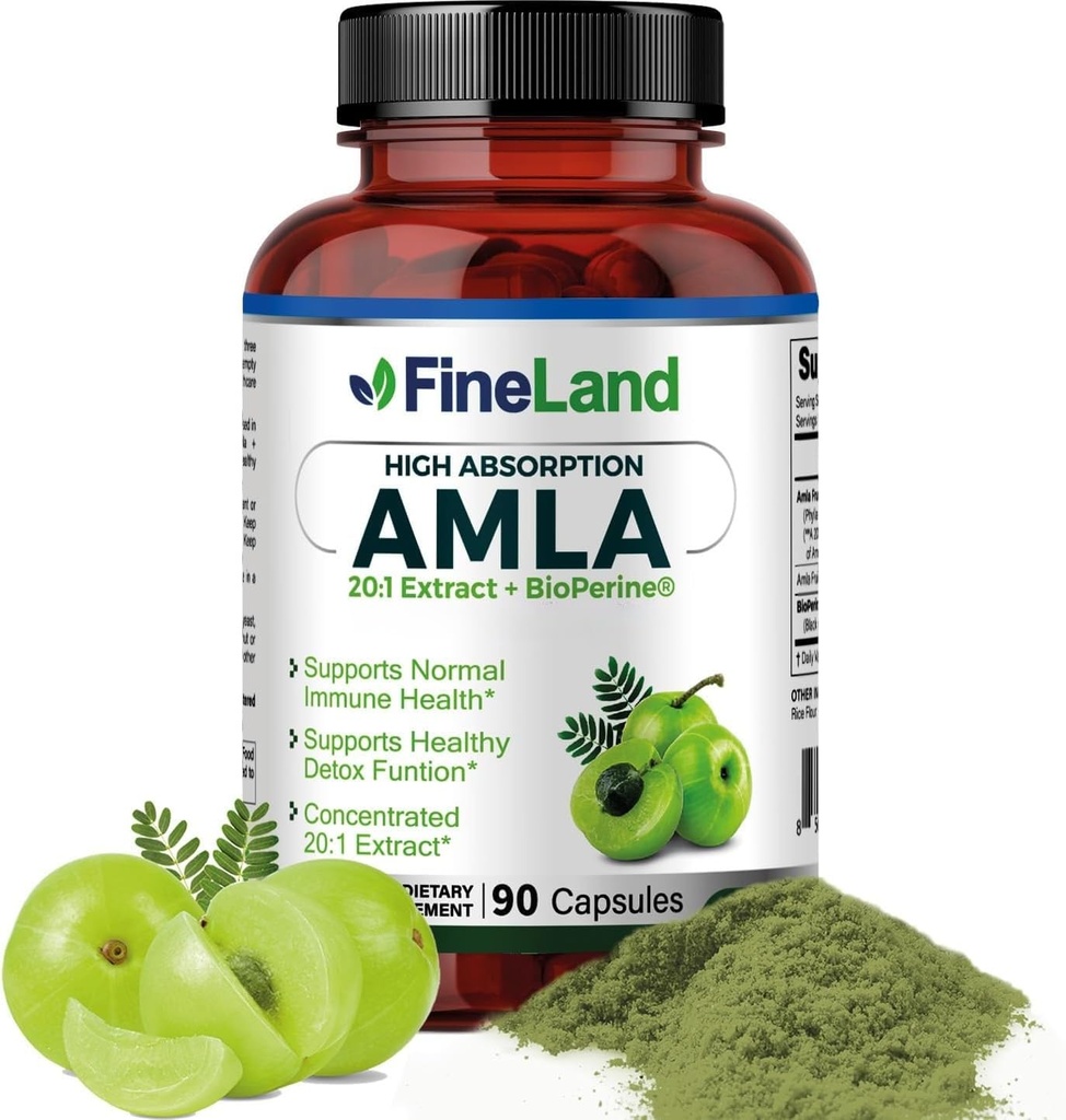 FineLand Amla (Indian Gooseberry) 20X Extrait de spectre complet – 30 600mg Équivalent par portion avec BioPerine® pour l'absorption, riche en vitamine naturelle C, immunitaire et soutien digestif – 90 Capsules Vegan
