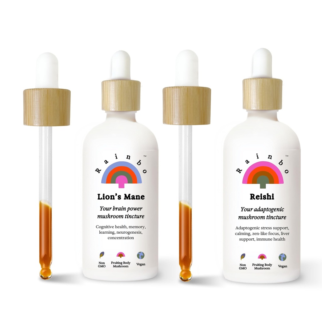 Rainbo Brain Health Bundle, Lion's Mane Mushroom Extract + Reishi Mushroom Tincture, Dual Extract Daily Mushroom Zunder für umfassende Immununterstützung, Vegan Liquid Mushroom Supplements