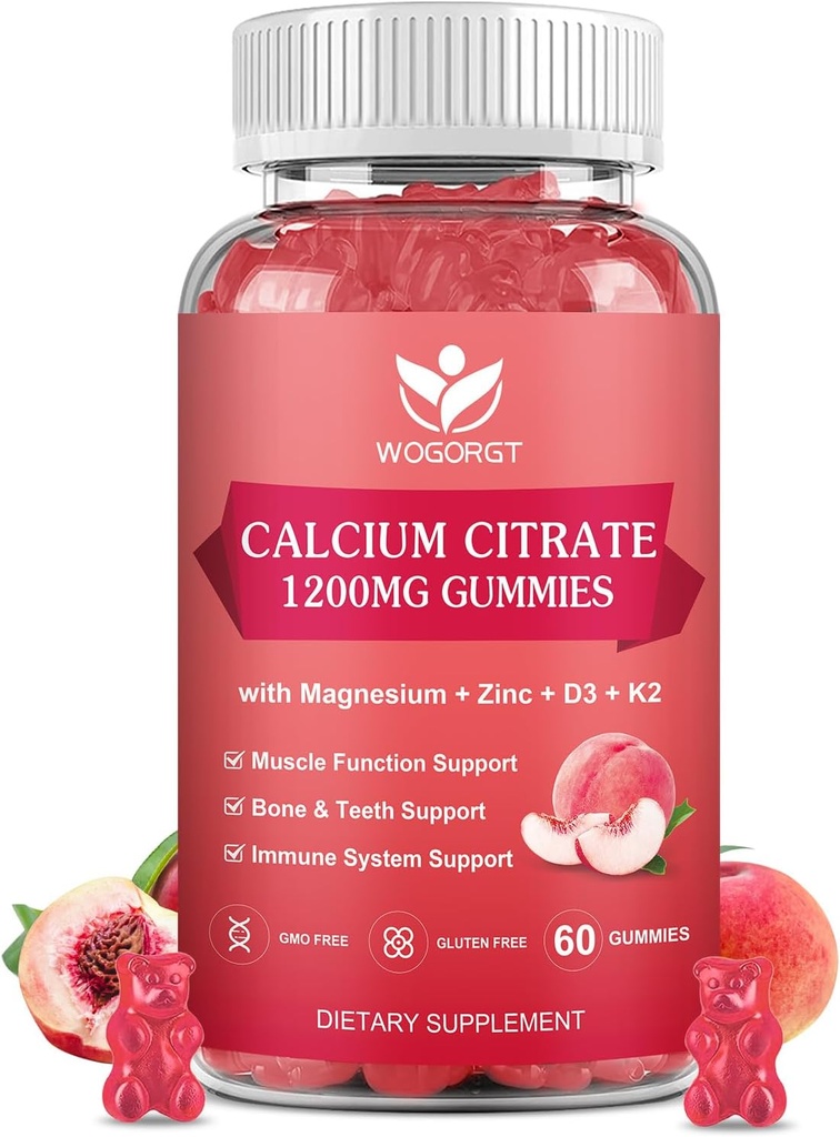 Calcium Citrate 1200mg Gummie mit Vitamin D3 K2 - Kaubares Calcium Magnesium Zink d3 Ergänzung mit Sea Moss Extrakt für Knochen, Zähne, Immununterstützung für Damen und Herren, Weiße Pfirsich Flavor - 60 Gummie