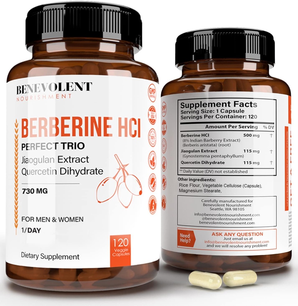 Premium Berberine HCL 730mg - 120 VCAPS Perfect Trio Complex mit Non-GMO Jiaogulan & Quercetin
