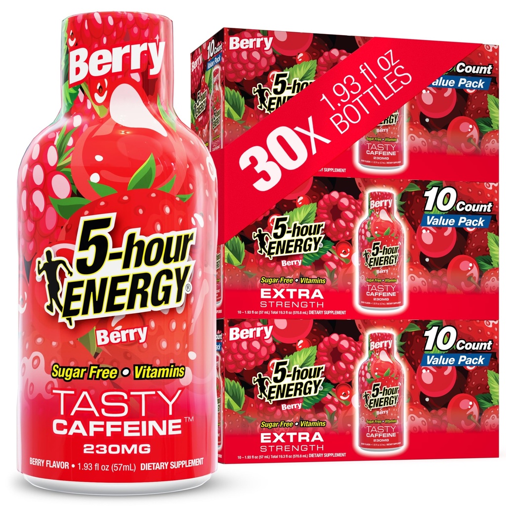 5-stündige ENERGIE schosst Extrastärke, Berry Flavor, 30 Count, 1.93 Fl Oz, Zuckerfrei, Zero Calories, Aminosäuren und essentielle B Vitamine, Nahrungsergänzung, Fühlen Alert und Energized, 230 mg Koffein