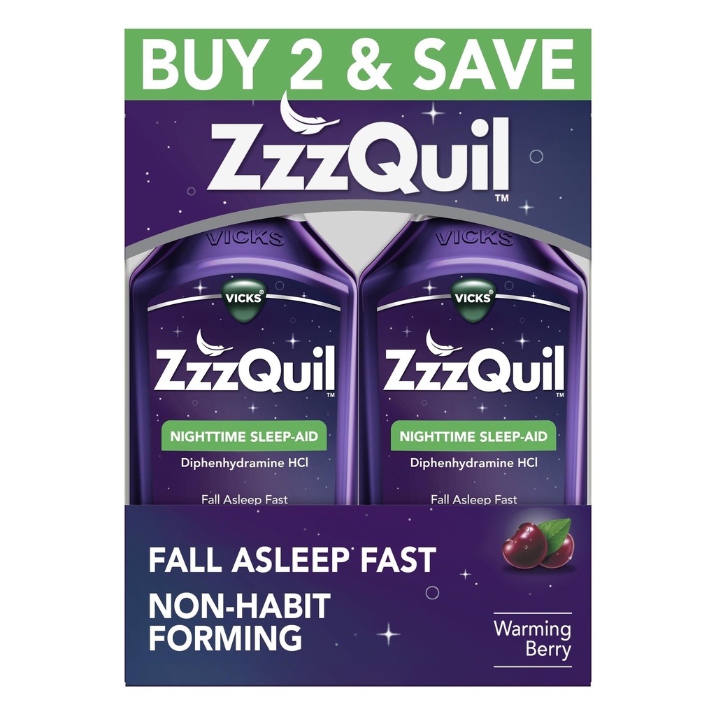 ZzzQuil, Sleep Aid, Nighttime Sleep Aid Liquid, 50 mg Diphenhydramin HCl, Fall Asleep Fast, Non-Habit Forming, Warming Berry Flavor, 12 FL OZ (Paket von 2)