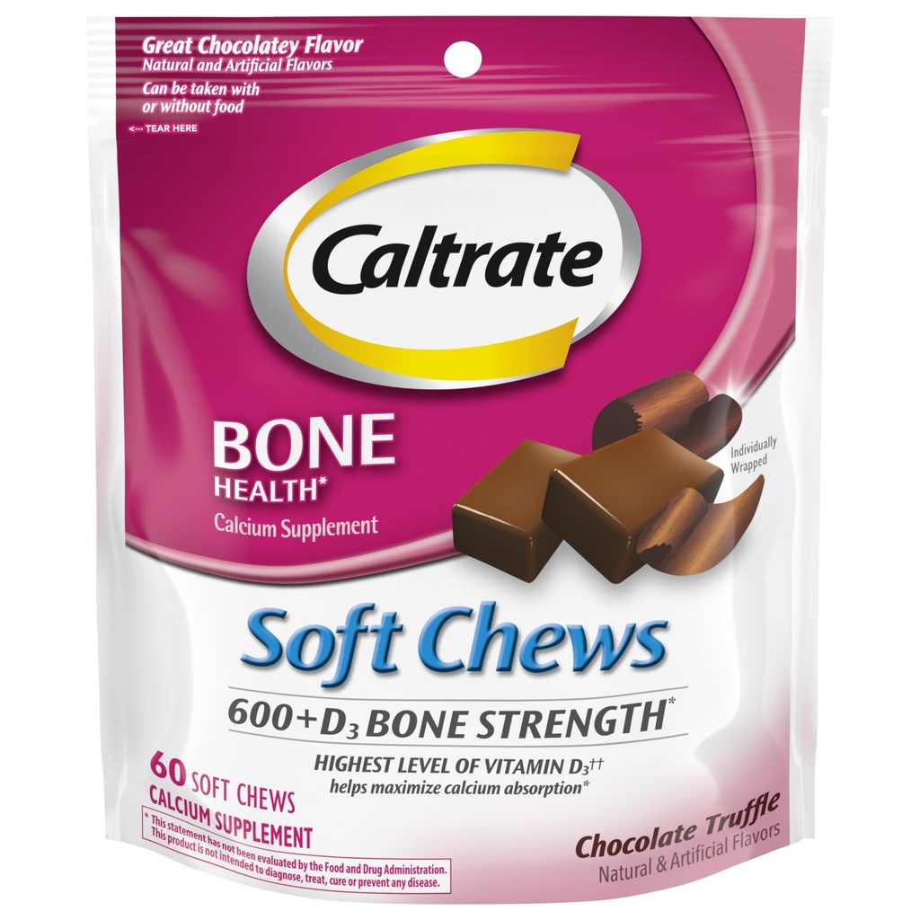 Caltrate Soft Chews 600 Plus D3 Calcium Vitamin D Supplement, Schokoladentrüffel - 60 Count(Packaging Mai Vary)