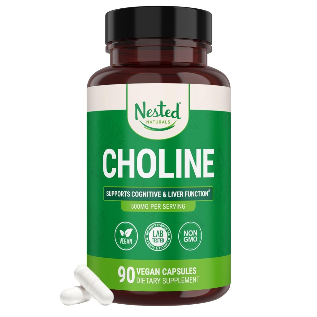 Nested Naturals Choline Bitartrate 500mg - High Potency Choline Ergänzungen - Unterstützt kognitive Leistung & Liver Funktion - 100% Vegan & Non-GMO Choline - 90 Vegan Kapseln