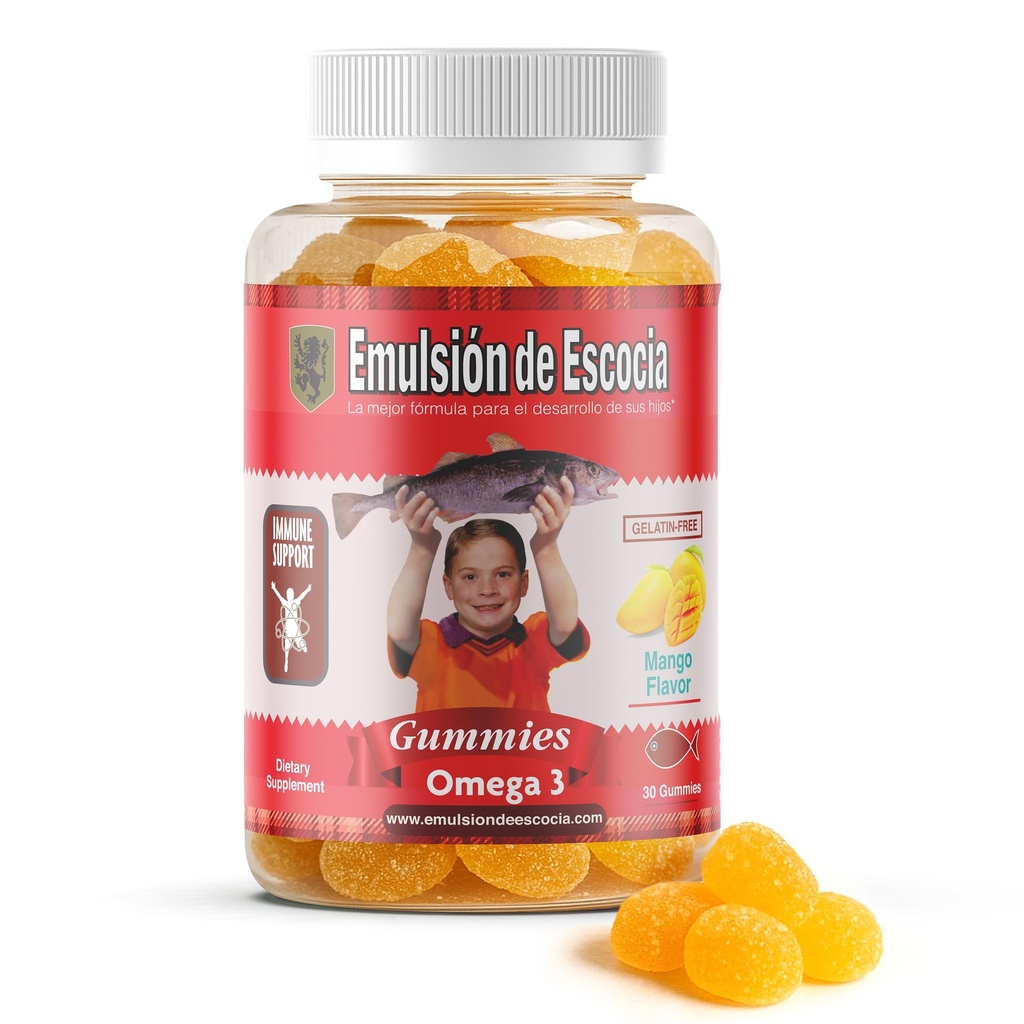 Emulsión de Escocia Omega 3 Gummi für Kinder – mit Vitaminen A, D3, Folsäure + Zink, Eisen & Kalzium – Mango Flavor ohne Fisch Nachgeschmack – Immun & Liver Support – 30 Gummi | 1-Pack