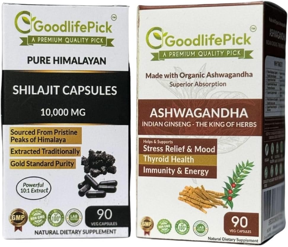 Himalayan Shilajit Capsule & Ashwagandha Capsules Pack von 2. 90+90 ct Gold Standard Premium Qualität für Max Benefits. Alle Natürliche nicht GMO Keine Reispulver Keine Füllstoffe kein Silikondioxid kein Stearate