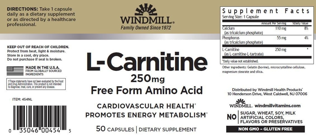 Windmill L-Carnitine 250 mg Capsules 50 Nombre (3 Pack)