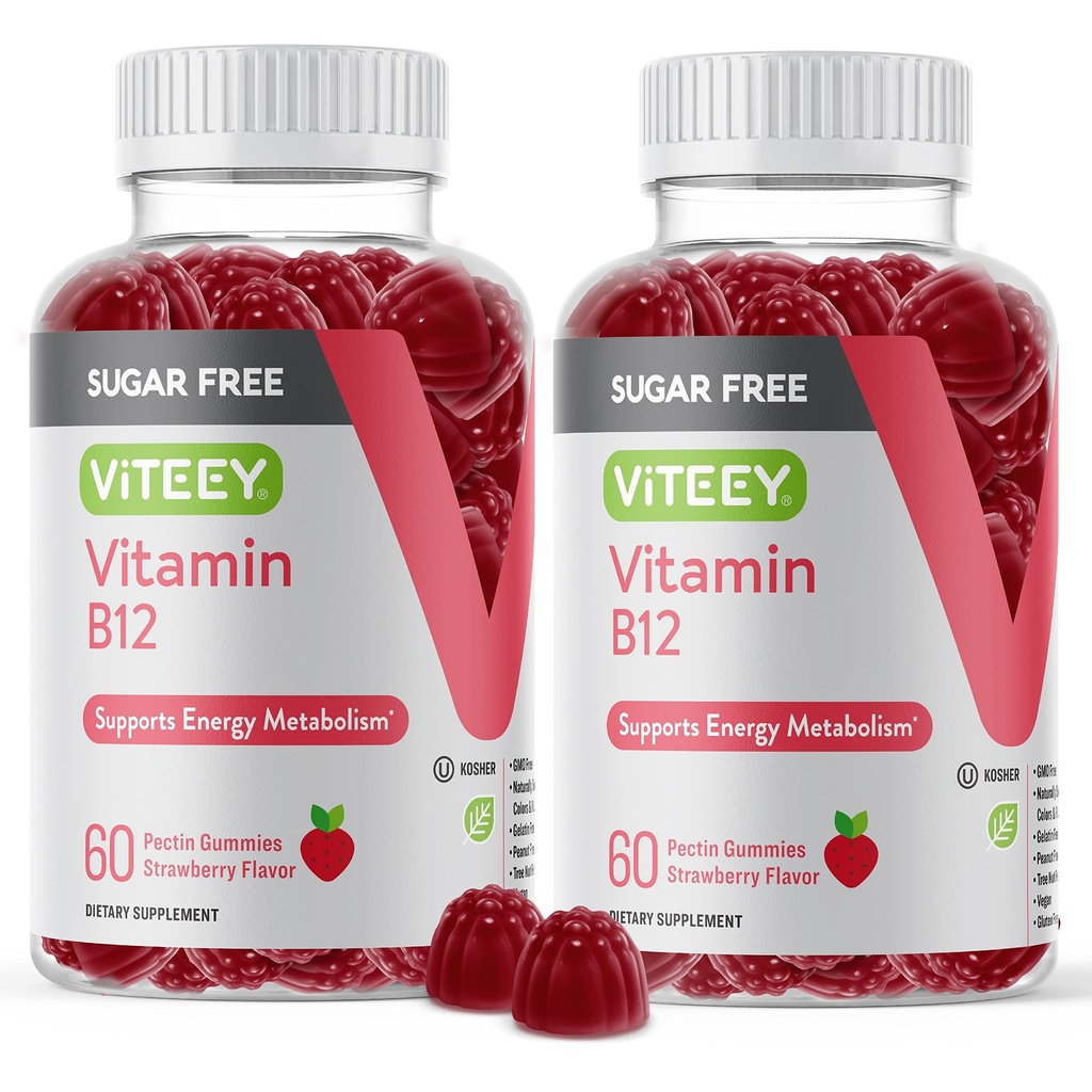 Viteey Vitamine B12 Gummies pour adultes et adolescents 1000mcg, sans sucre - Bon pour l'énergie, le métabolisme, le soutien de l'énergie naturelle - végétalien, sans gélatine, sans gluten, sans OGM - aromatisé aux fraises à croquer