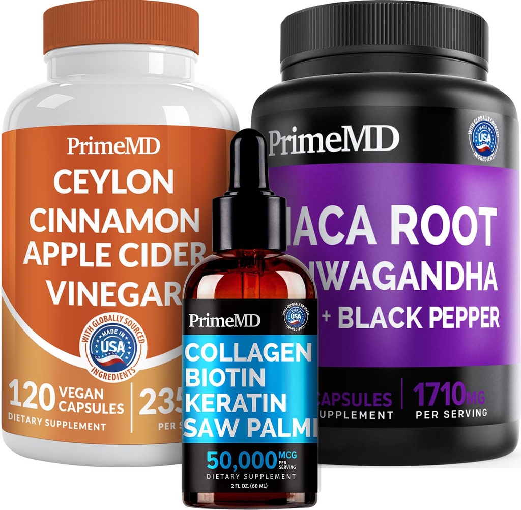 5-en-1 Ceylan Cinnamon (120ct), 4-en-1 Biotin Collagen Keratin Saw Palmetto (2 fl oz - 1 Pack) et 6-en-1 Maca Root Ashwagandha (120ct) Bundle - Énergie, humeur, cheveux, peau et supplément de soutien immunitaire