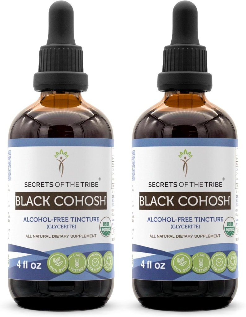 Secrets of the Tribe Black Cohosh USDA Organic..Extrait sans alcool, gouttes à base de plantes de haute puissance. Fabriqué à partir de Cohosh noir biologique 100% certifié.