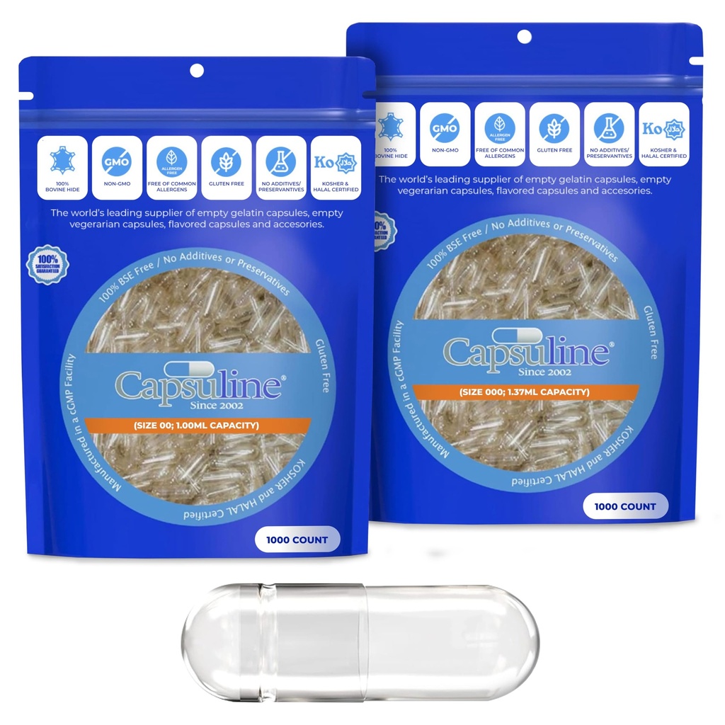 Capsuline Größe 00 und Größe 000 Gelatin Leere Kapseln, 1000 Graf Bundle, Leere Gel Pillen Kapseln, DIY reine Bovine Pille Füllung, Leere Kappen, Kosher, Glutenfrei und nicht-GMO zertifiziert, klar