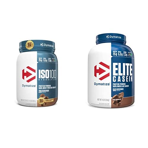 Dymatize ISO100 Hydrolyzed Protein Powder, 25g of 100% Whey Isolate Protein, Gourmet Chocolate, 20 Servings Elite Casein Protein Powder, 100% Micellar Casein, Rich Chocolate, 4 Pound