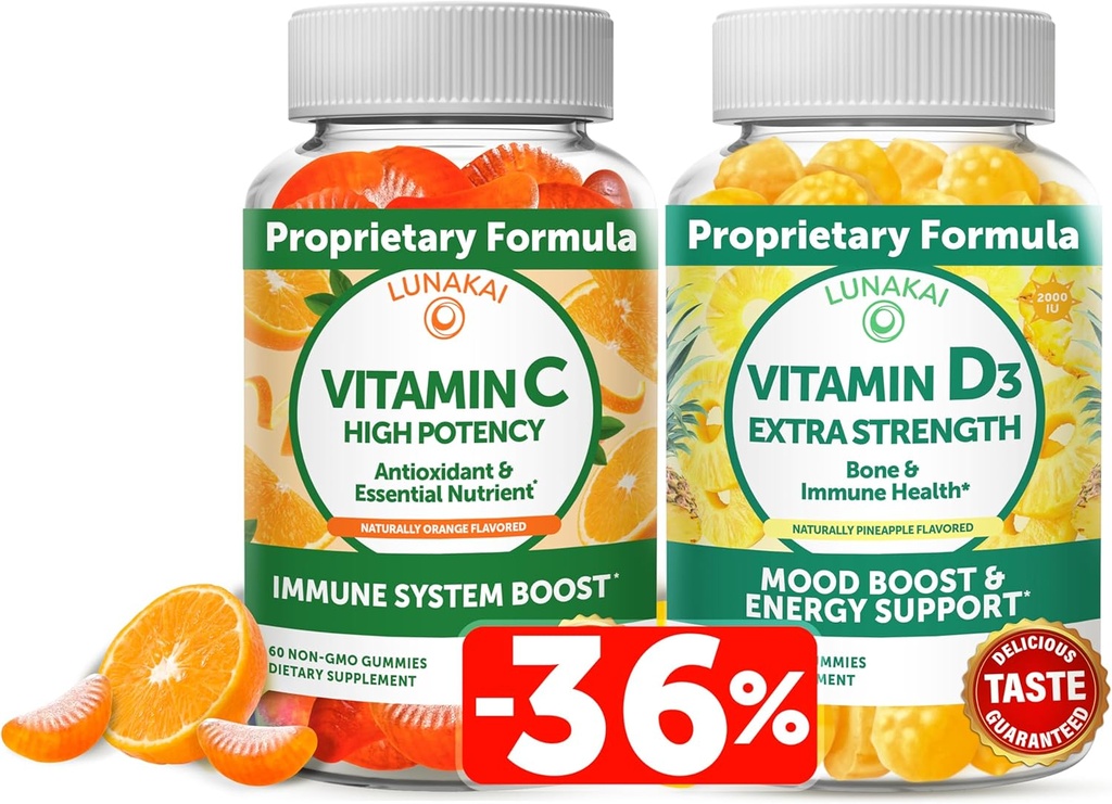 Lunakai Vitamin C und Vitamin D3 Gummie Bundle - 300mg Bio, Non-GMO, Vegan Kaugummi - Immunität, Knochen und Stimmung Unterstützung Ergänzung für Erwachsene