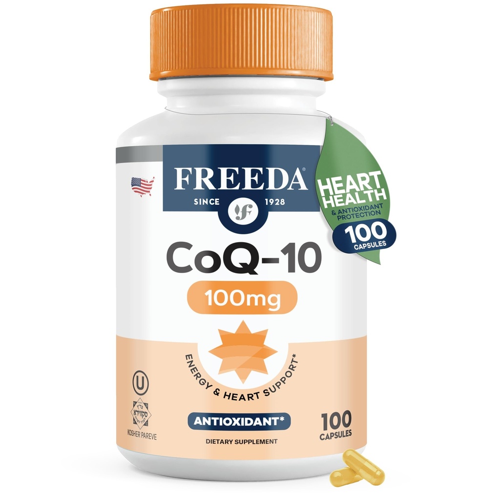 FREEDA CoQ10 100mg - Supplément alimentaire de Coenzyme Kosher Q10 pour la santé cardiaque cardiovasculaire, le soutien de la pression artérielle, la santé buccodentaire et le vieillissement en santé - Capsules pures CoQ10, 100 Nombre