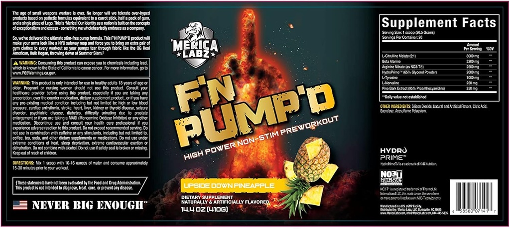 'Merica Labz F'N Pump'D Stimulant Free, Nitric Oxid,Fully Dosed, Pumpe PreWorkout Pulver (20 Servierungen) (auf der Rückseite Ananas)