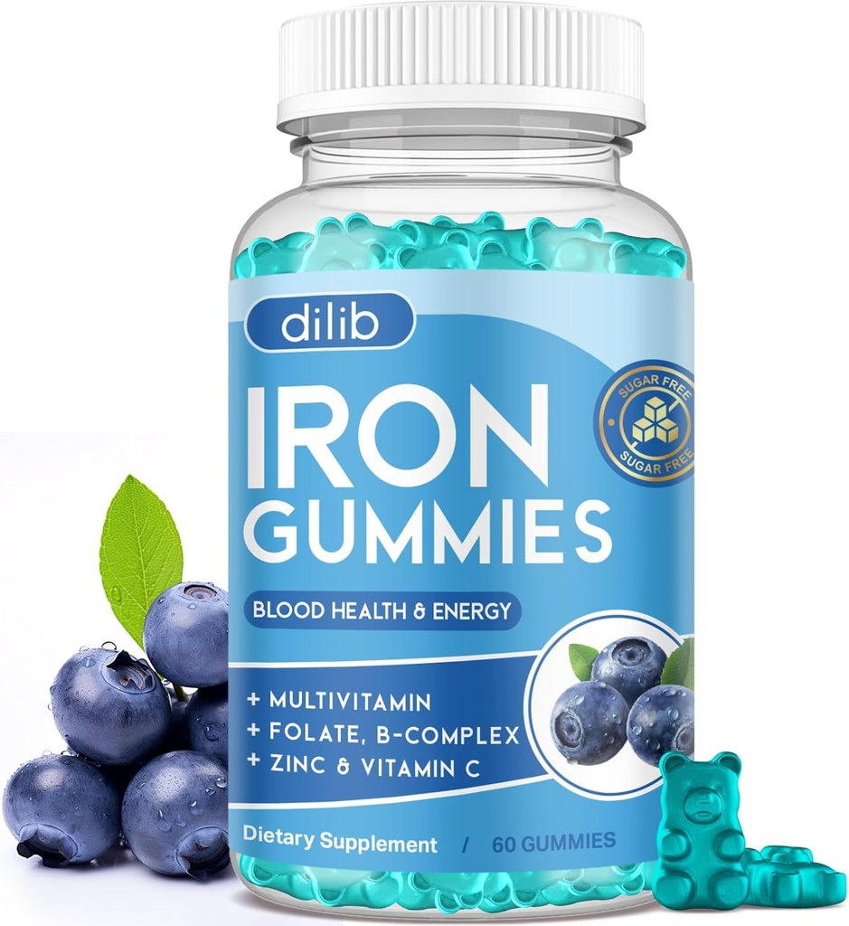 Eisengummis mit Multivitamin, Eisen-Ergänzung für Frauen & Männer mit Zink, Vitamin B Complex & C, B12, Folate - Blood Builder & Energie-Unterstützung für Erwachsene & Kinder - Blueberry Flavor, Vegan 60 Gummis