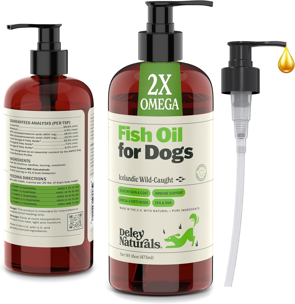 Deley Naturals Hund Fischöl Islandic 2X Omega - Hund Juckreiz Skin Relief mit Omega 3 6 9 für Allergien, Mantel &amp; Herz - Omega 3 Fischöl für Hunde Hautreizung - 16oz Omega Öl für Hunde Made in USA