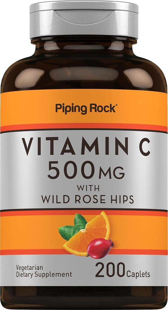 Piping Rock Vitamin C | 500mg | 200 Caplets | with Rose HIPS | Vegetarian, Non-GMO, Gluten Free Supplement