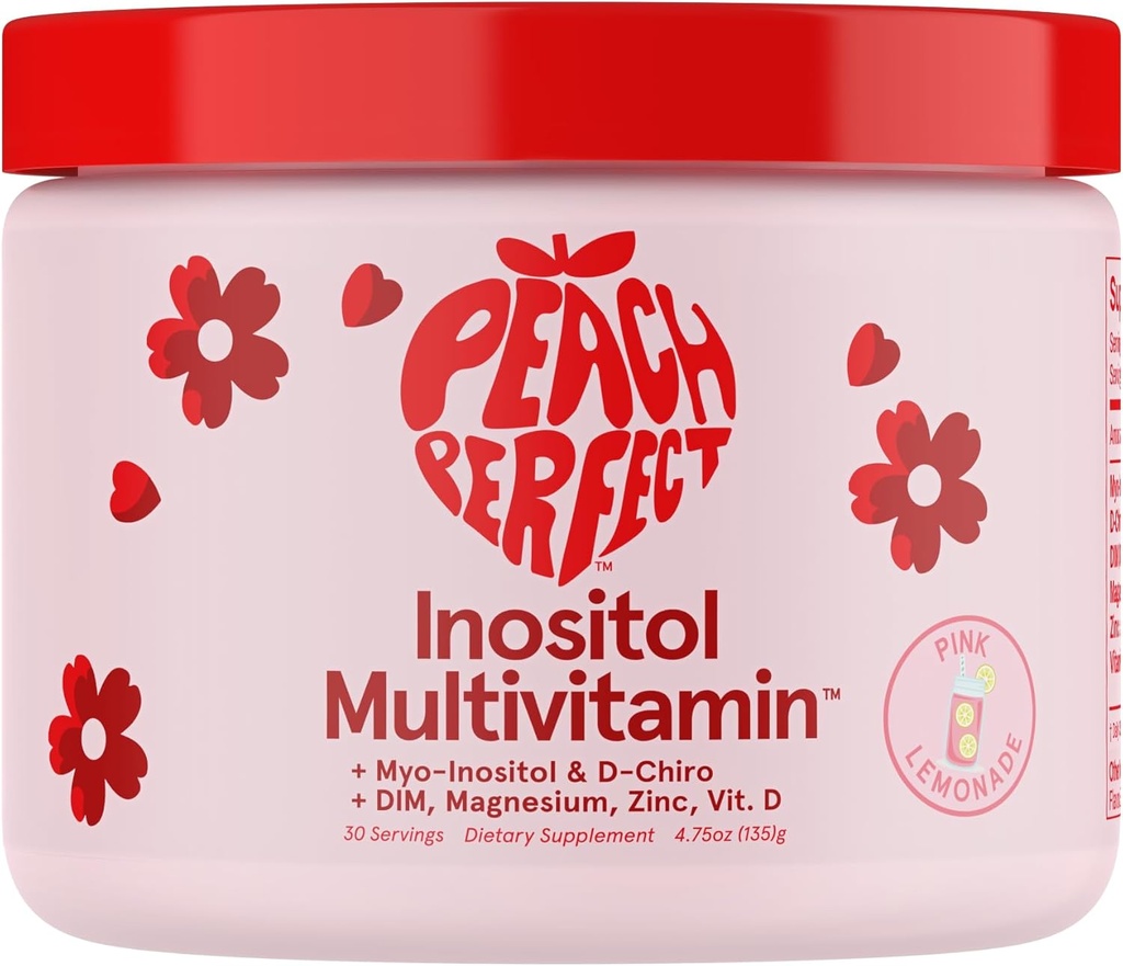 Peach Perfect Inositol Powder Multivitamin, Pink Lemonade Flavor – 4g Myo & D-Chiro Inositol, DIM, Zink, Magnesium Glycinat, Vitamin D3 – Unterstützt Frauen Gesundheit, Cycle, Energie, 30 SVG