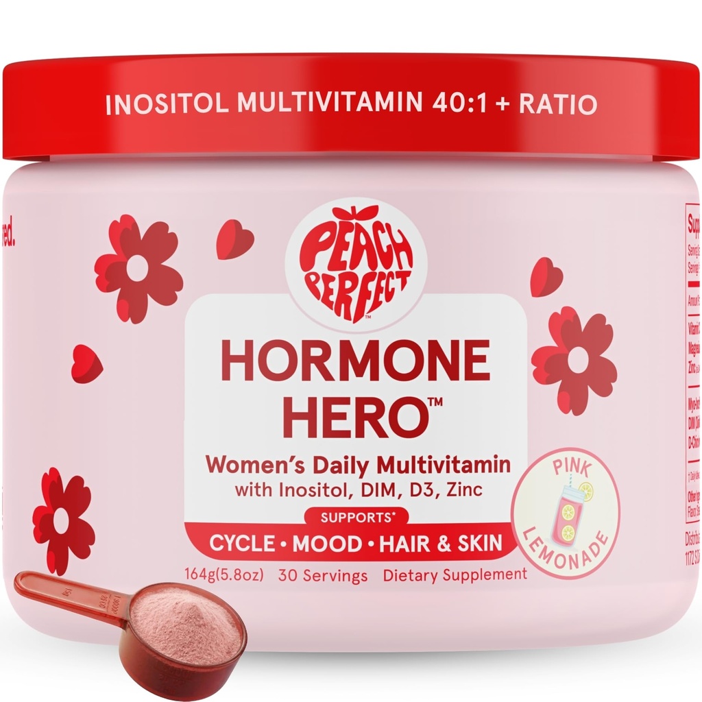 Poudre de Peach Perfect Inositol Multivitamine, Lemonade rose Saveur – 4g Myo & D-Chiro Inositol, DIM, Zinc, Magnésium Glycinate, Vitamine D3 – Soutienne la santé des femmes, Cycle, Énergie, 30 SVG