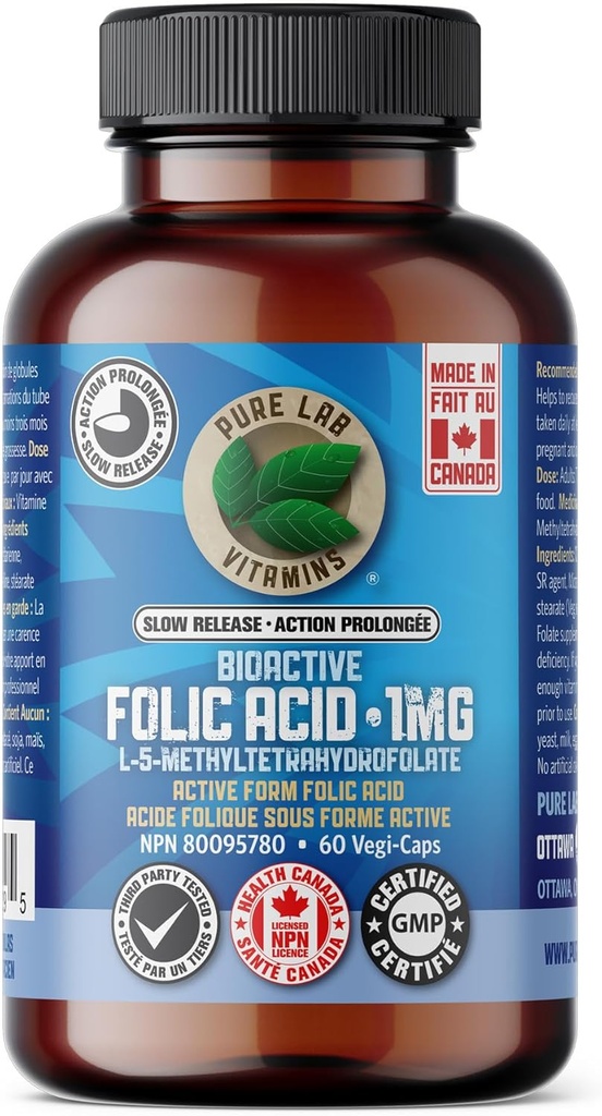 Pure Labs Vitamines Acide folique bioactif 1mg Libération lente, 55 GR